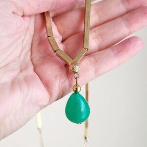 Vintage Gold Tone Necklace with Green Teardrop Pendant • Modernist Style